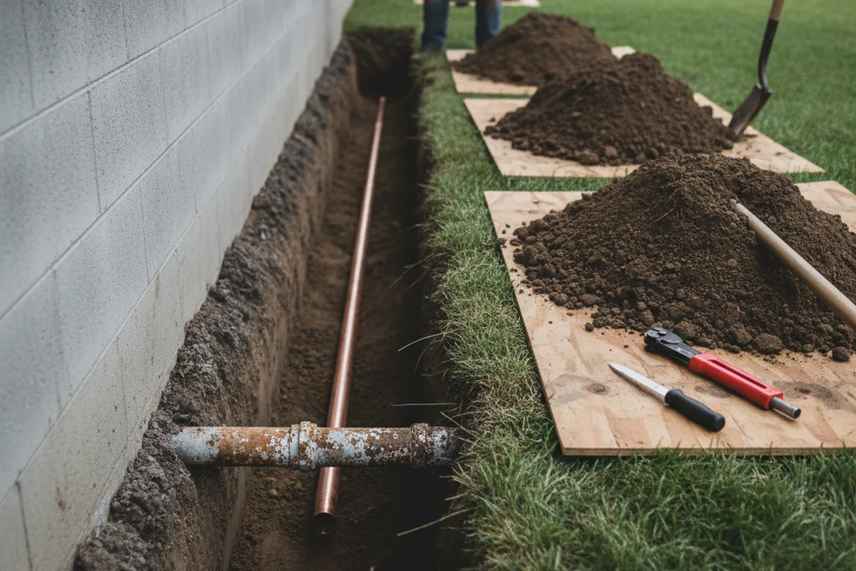 Excavated water line trench during Water Heater Repair in North Lewisburg